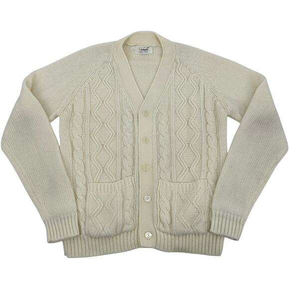 Vintage 70s Men's Sample Brand Cream Cable Zig Zag Knit Acrylic Cardigan Sweater - Picture 1 of 7